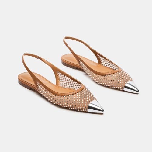 Yishaweiqi Rhinestones Mesh Slingback Flats for Women Silver Pointed Toe Flat Pumps Sparkly Ballet Flats Slip On Backless Dress Shoes3