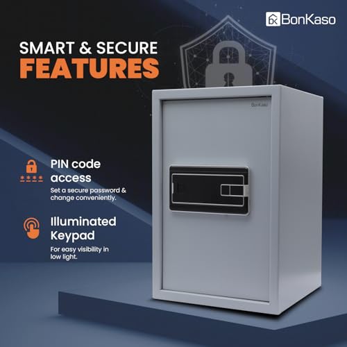 Image of BonKaso Safe Locker For Home, 51 Litres Locker Box For Money, Jewellery, Digital Electronic Safe Locker for Home & Office With Auto lock Function, Anti Theft Alarm And LED Display, (Grey)