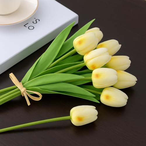 Image of Pink Olive Tulip Flowers Bunches | for Home Decor | Living Room, Corner Table, Bedroom, Wedding Party Decor, Gifting | Real Like Feel, Artificial Flower | Bunch of 05 (Offwhite Tulip)
