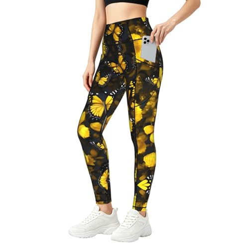 Leggings con estampado de mariposas y flores amarillas antideslizantes para mujer