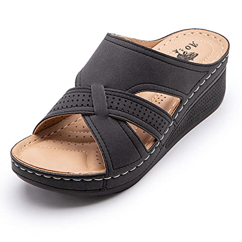 GJXJY Sandales Femme Bout Ouvert Compensées Plateforme Pantoufles Premium Orthopédiques Sandales Vintage Confortables Chaussons de Plage d'été Romaine Sandales (Size:37 EU,Color:Le Noir) Cover
