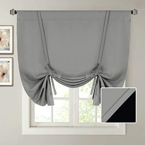 H.VERSAILTEX 100% Blackout Tie Up Curtains for Bedroom Thermal Insulated Kitchen Curtains 42″W x 63″L Long Rod Pocket Blackout Curtains for Small Window / Bathroom with Black Liner, Dove Gray