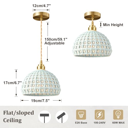 Image of Modern Ceramic Pendant Light Farmhouse Brass Finish Sky Blue Pendant Light Mid Century Ceiling Hanging Lamp for Kitchen Island Bedroom Bedside