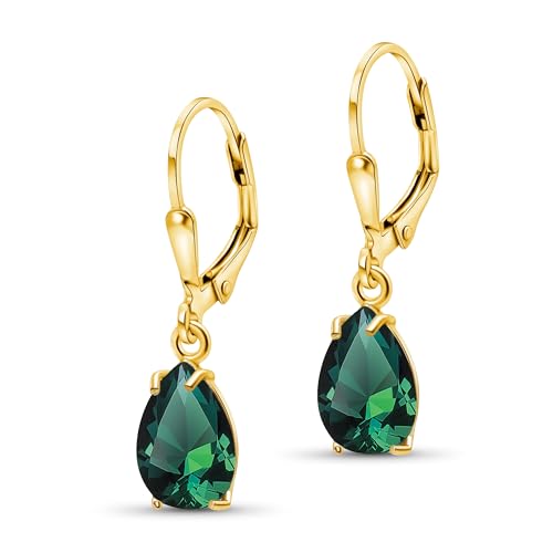 14K Gold Plated Emerald Teardrop Earrings for Women – May Birthstone Jewelry – Dainty Leverback Earrings in Gold Over 925 Sterling Silver – Elegant Gift for Women