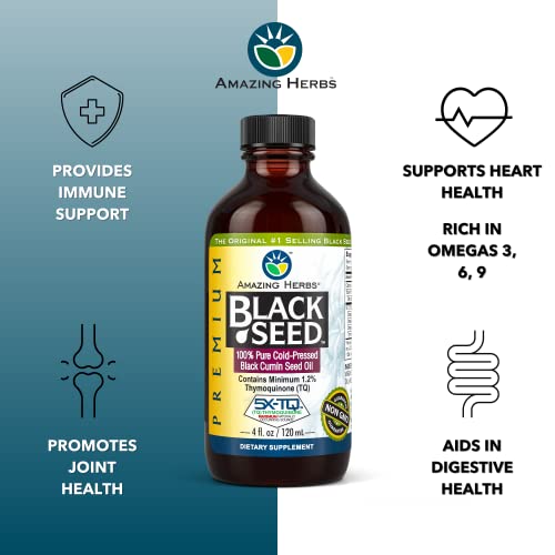 Amazing Herbs Premium Black Seed Oil - Cold Pressed Nigella Sativa Aids In Digestive Health, Immune Support, Brain Function, Joint Mobility, Gluten Free, Non Gmo - 4 Fl Oz #TOP2