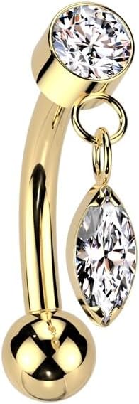 Pierced Owl 16GA ASTM F-136 Implant Grade Titanium Threadless Push-In Dangling CZ Crystal Marquise Eyebrow Curved Barbell