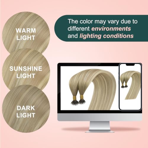 Image of Easyouth 20 Inch 50g Nano Bead Hair Extensions Ombre Nano Hair Extensions Human Hair Ash Blonde Ombre Light Brown with Blonde Balayage Nano Ring Hair Extension for Women Cold Fusion Hair