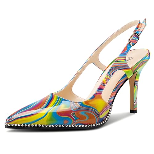 HEUIVZAR Womens Beaded Pumps Slingback Stiletto High Heels Pointed Toe Slip-on Sandals Adjustable Buckle Pearls Patent Leather Dress Shoes 3.5 Inches Heels - Main Image