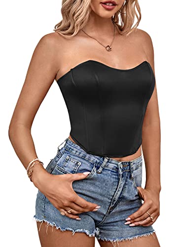 Lyaner Women’s Sexy Satin Sweetheart Neck Crop Tube Tops Strapless Bustier Cami Corset Top Black Small #TOP2