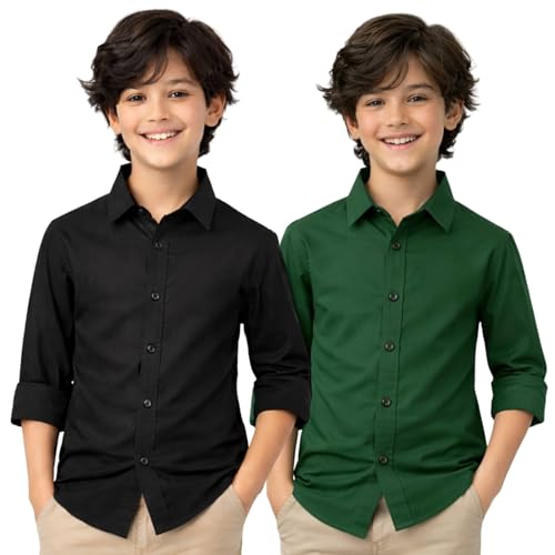 Image of YYQ Pack of 2 Boys Cotton Blend Shirts - Full Sleeve Casual, Soft & Comfortable Spread Collar Shirts