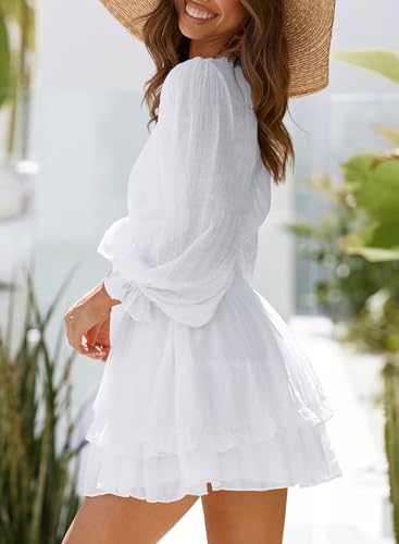Image of Dokotoo Womens Casual Spring Fall 2025 Deep V Neck Knotted Tiered Chiffon Elegant Mini Short Swing Skater Dresses