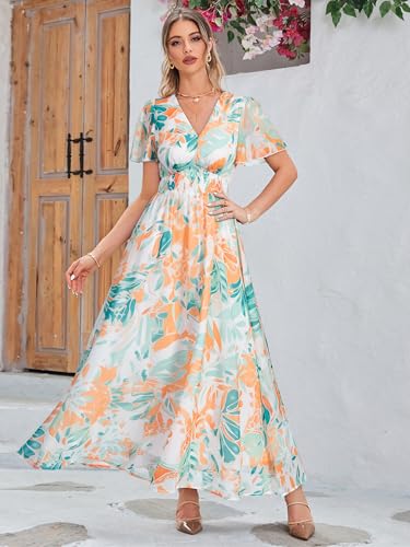Image of Simplee Women's Boho Floral Maxi Dress Flowy Casual V Neck Short Sleeve Wedding Guest Holiday Beach Long Dress