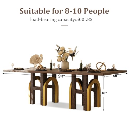 94-Inch-Large-Brown-Wooden-Dining-Table-for-8-10-People-Farmhouse-Rectangular-Dining-Table-with-H-Shape-Solid-Wood-Legs-U-Shape-Brushed-Gold-Base-for-Kitchen-Dining-Room-Office 94 Inch Large Brown Wooden Dining Table for 8 10 People Farmhouse Rectangular Dining Table with H Shape Solid Wood Legs U Shape Brushed Gold Base for Kitchen Dining Room Office