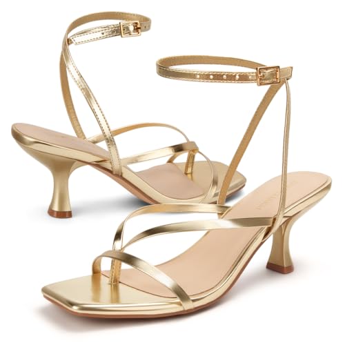 Image of Women's Kitten Heel Strappy Open Square Toe Thong Ankle Strap Heels for Wedding