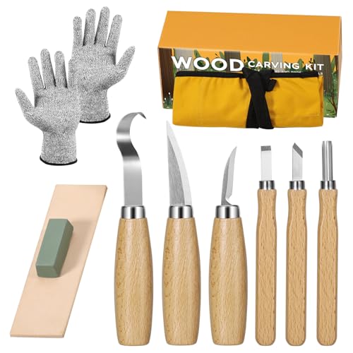 Kit de Tallado de Madera 10 en 1 de YHLAWM, Incluye 6 Cuchillos de Madera Seco, Guantes Resistentes a Cortes, Bolsa de Lona