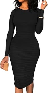 Women's Ruched Long Sleeve Elegant Bodycon Basic Casual Midi Dress - Buy now