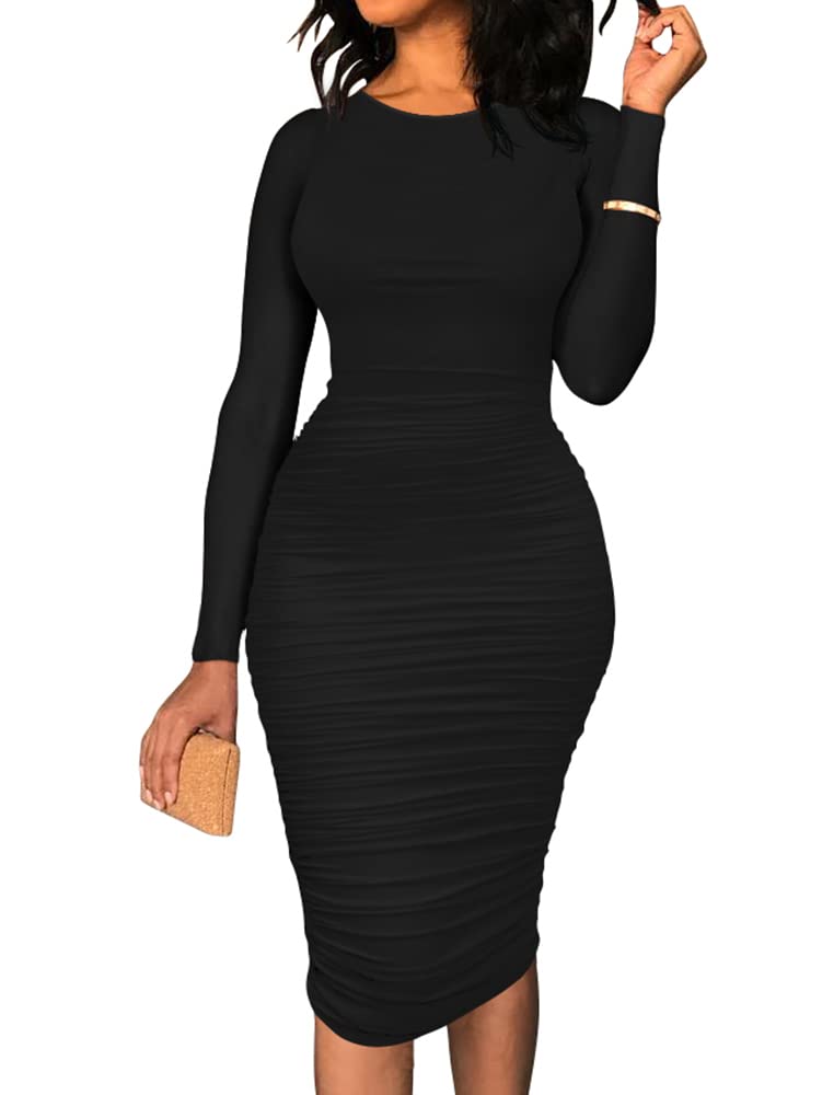BEAGIMEG Womens Ruched Long Sleeve Elegant Bodycon Basic Casual Midi Dress