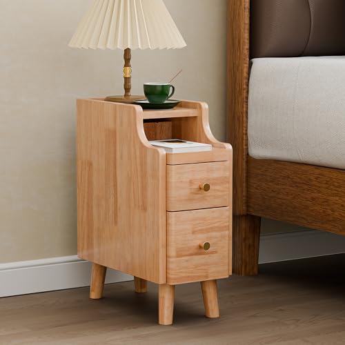 Image of Narrow Nightstand Set of 2, 19.7 inch H Pre-Assembled Solid Wood Small Skinny Night Stand with Drawers, Open Sliding Shelf, Mid Century Modern Slim Bedside Table for Bedroom, Natural Oak,8 inch