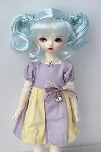 JD690 1/6 YOSD 6-7inch Double Nature Curls Ponytail Full Bangs Synthetic Mohair Doll Wigs (Blend Blue)