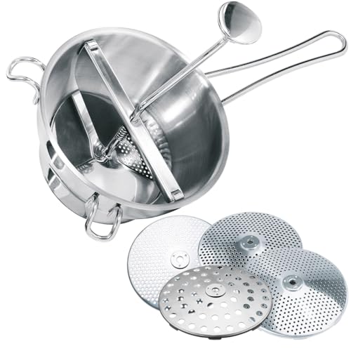 GEFU Passiergerät Flotte Lotte Bundle Set - Manuelle Edelstahl-Passiermühle inklusive 4 auswechselbarer Lochscheiben in 1mm 2mm 3mm & 8mm