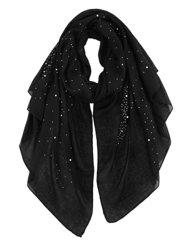 GERINLY Sparkle Black Scarf for Women Rhinestone Pearl Scarves Glitter Head Scarf Bling Bling Shawl and Wraps Cotton (Black)