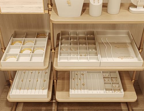 Linen Jewelry Trays 16 Slots Necklace Bracelet Display Tray Jewelry Drawer Organizer Necklace Bracelets Watch Storage Holder (Beige)
