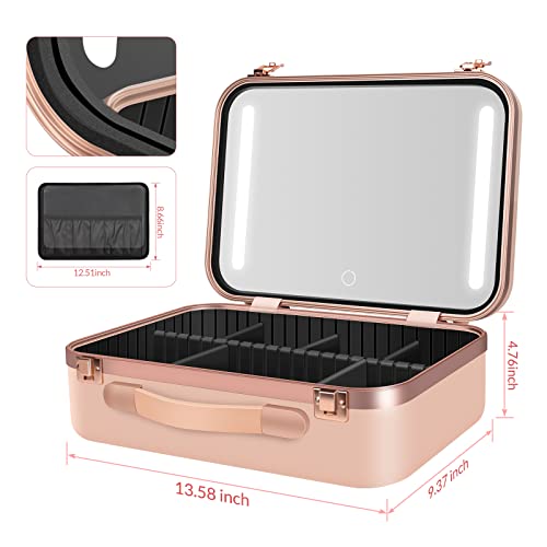 Chignon 13.5” X 9.5” Large Makeup Case With Lighted Up Mirror, Professional Travel Vanity Cosmetic Train Case, 3 Led Colors And Adjustable Brightness Makeup Bag Organizer For Women Girls #TOP1