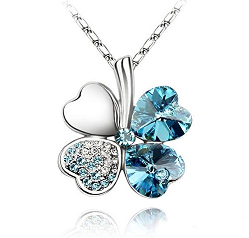Exquisite Kristall Four Leaf Clover Flower Herz-Anhänger Silber Halskette Kette mit österreichischen Kristallen Aquamarin Blau