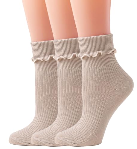 Image of Womens Ruffle Socks Fashion Breathable Solid Color Turn-Cuff Cute Girls Ankle Socks 3 Pairs