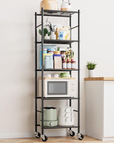 Image of Sakugi 5-Tier Storage Shelves 18.1x12.6x58.7 Black with Wheels | Kitchen, Closet, Pantry, Garage, Heavy Duty, Adjustable Feet, Metal Construction