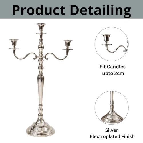 Image of 3 Arm Silver Candlestick Holder Stand | 24 Inch Tall Metal Candelabra for Wedding Centerpieces, Dining Table, Living Room & Event Decor