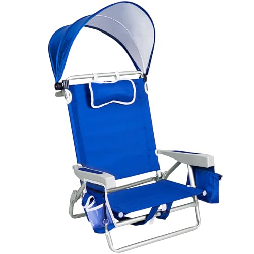 Image of Romswi Extra Wide Beach Chair with Canopy Shade, 1 Pack Aluminum Folding Chairs with Detachable & Adjustable Umbrella, 5-Position Lay Flat, Cooler Bag, Cup & Phone Holder, Towel Bar, Royal Blue