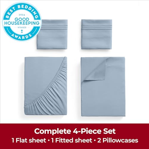 Image of Mellanni Extra Deep King Sheets - 4 PC Iconic Collection Bedding - Hotel Luxury, Ultra Soft, Cooling Bed Sheets - Wrinkle, Fade, Stain Resistant (King, Blue Hydrangea)