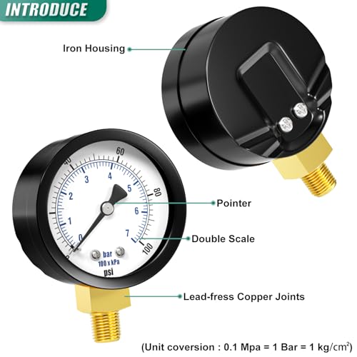 Image of 0-100PSI Well Pump Pressure Gauge 2 inch Dial Size, 1 /8 inch NPT Lower Mount, 3-2-3% Accuracy, for Tube, Water Pump, Gas, Liquid, Pressure Test