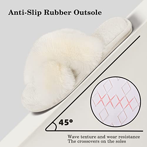 Cozyfurry Womens Slippers Cross Band Soft Plush Furry Cozy House Shoes Fuzzy Open Toe Indoor or Outdoor Slip on Warm Breathable Anti-Skid Sole Beige 9-10, 39/40 EU