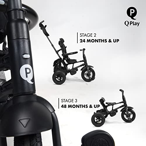 Image of POSH BABY & KIDS QPlay Rito Toddler Tricycle with 3-Stages - Premium Push Trike Featuring Easy Storage & Transportability, Safety Harness, Adjustable Canopy & Parent Handle (Ages 1-5, Black)