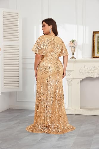 Image of Plus Size Glamous Short Sleeves Womens Sequin Dress Formal Gowns Evening Glitter Mermaid Prom Dress