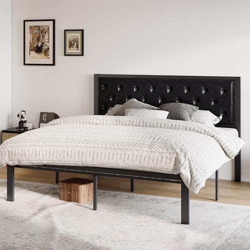 Image of Allewie King Bed Frame with Faux Leather Upholstered Headboard, Chic Diamond Stitched Tufted Design, No Box Spring Needed, Black
