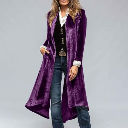 Long Velvet Cardigan for Women Open Front Long Sleeve Loose Jacket Outerwear Back Split Duster Coat with Pockets2