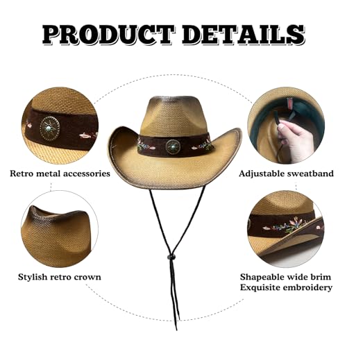 Image of Cowboy Hats for Women, Brown Cowgirl Hats Classic Straw Western Hats for Women Music Festival Party Beach.