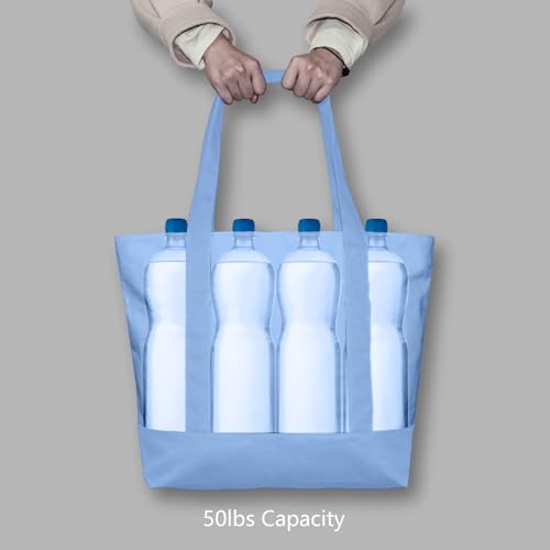 Image of TOPDesign 3-Pack Canvas Tote Bags with an External Pocket, Reusable Grocery Shopping Bags, Top Zipper Closure, Daily Essentials (Light Blue)