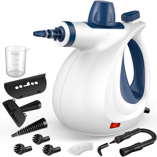 Image of Pressurized Handheld Multi-Surface Natural Steam Cleaner with 12 pcs Accessories, Multi-Purpose Steamer for Home Use, Steamer for Cleaning Floor, Upholstery, Grout and Car (White&Blue)