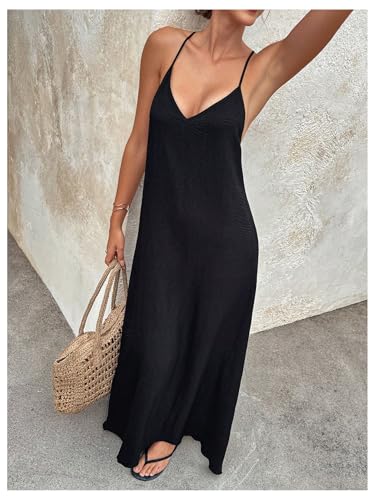 Verdusa Women's Linen Dresses Open Backless Flowy Long Maxi Dresses Beaded V Neck Vacation Dress4