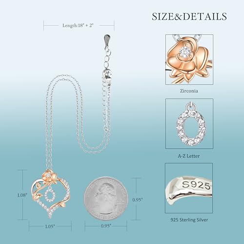 LynChoe S925 Sterling Silver Heart Rose Gold Letter Initial Necklace for Women, Cubic Zirconia Heart Pendant, 18+2 Inch Adjustable Cable Chain, Dainty Rose Flower Jewelry Gift for Her (O Initial) by LynChoe - Used condition - Image 2