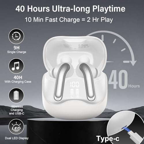 Image of Hybrid Active Noise Canceling Wireless Earbuds, 6 Mics ENC Clear Call Ear Buds, Hi-Res Audio Deep Bass Bluetooth 5.4 Headphones, 48H Playtime, IP7, 8 EQ Modes, Multipoint Connection (White)