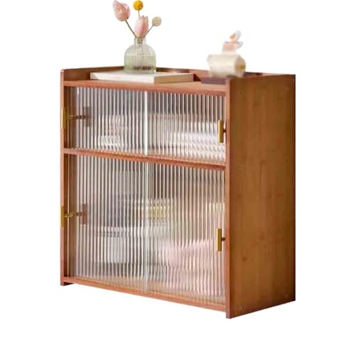 Estantería de escritorio de bambú de doble nivel con puerta corredera de vidrio industrial, estante de almacenamiento para oficina y hogar, dormitorio, estante de exhibición (52 x 25 x 53 cm)