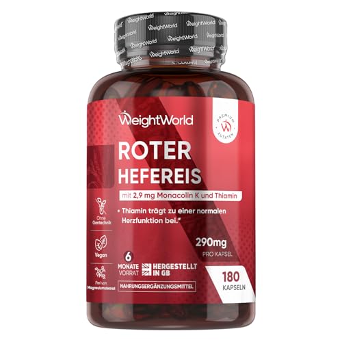 Roter Hefereis - 290mg pro Kapseln - 6 Monate Vorrat - Monacolin K mit CoQ10 (Ubichinon) & Vitamin B1 (Thiaminhydrochlorid) - 180 vegan Capsules - Red Yeast Rice - WeightWorld