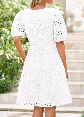 Image of KIRUNDO Eyelet Summer Dresses for Women 2025 Short Sleeve Tie Front Babydoll A Line Wedding Guest Beach Vacation Sundress