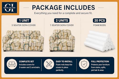 Image of Gifts Island Sofa Cover 3 Seater and 2 Seater Fully Covered Universal 5 Seater Sofa Cover Non-Slip Sticky Elastic Stretchable Sofa Set Slipcover Protector for (3+1+1 Seater) (Beige Art)