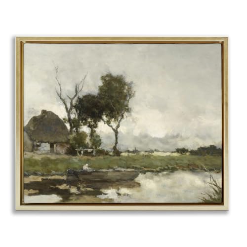 Classic River Landscape Boat Scene, 24 x 30 Inch Canvas in Floater Frame